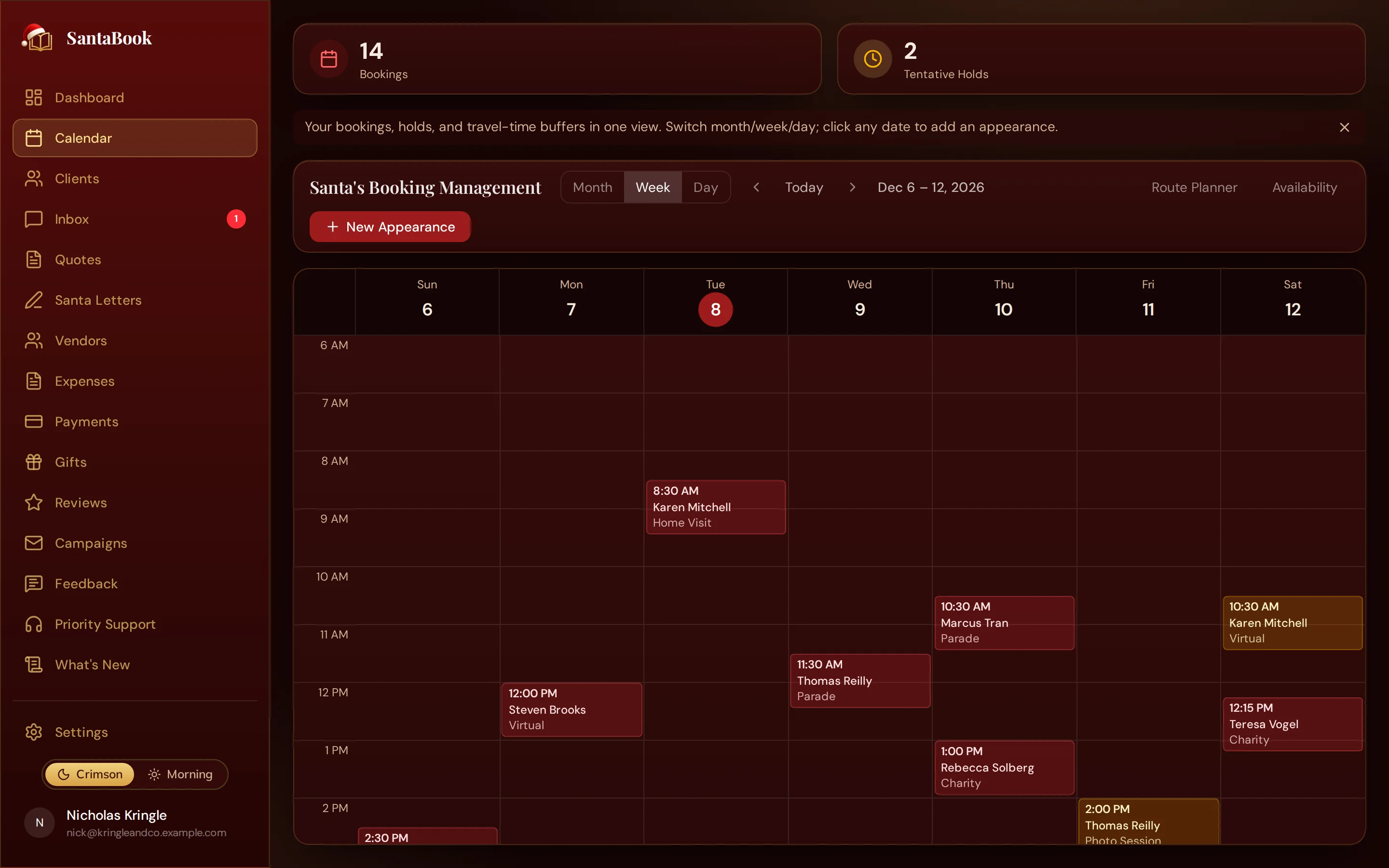 The SantaBook week calendar for December, showing each appearance with the family or organization name, the type of appearance, and travel time held between them