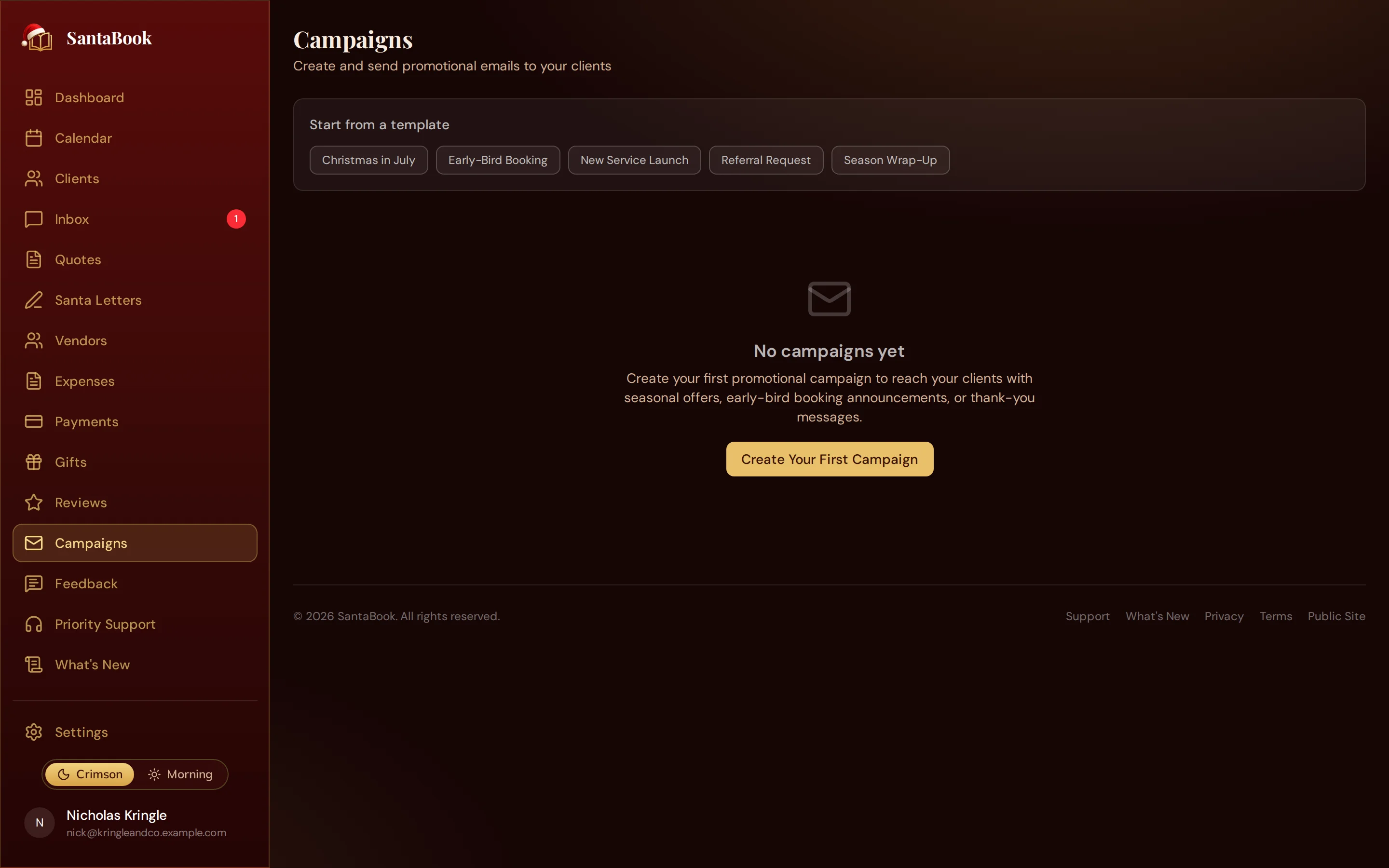 The SantaBook campaigns page, showing email campaigns sent to past clients with their open and click results
