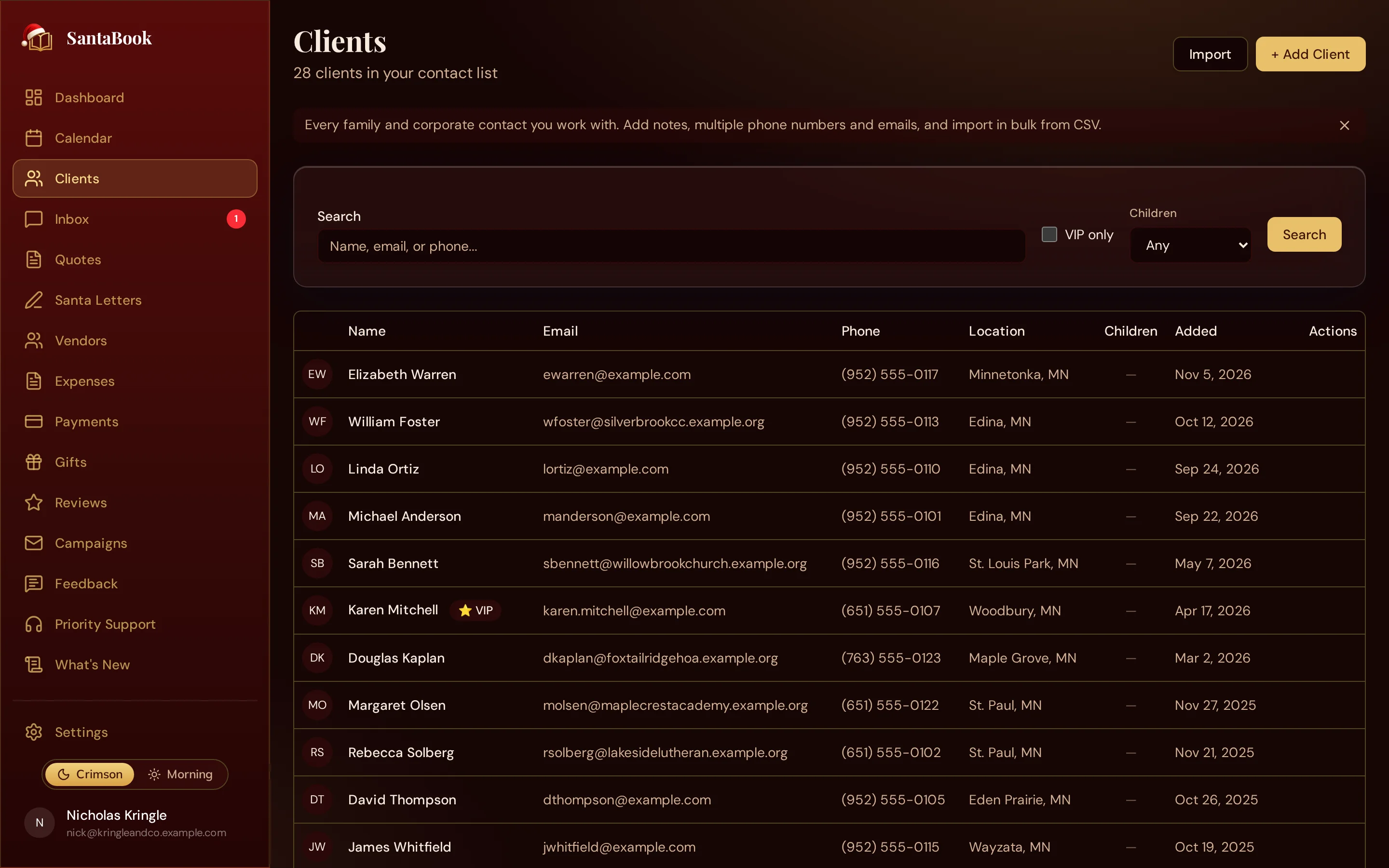 The SantaBook client list, showing families and organizations with their contact details, locations, and VIP status