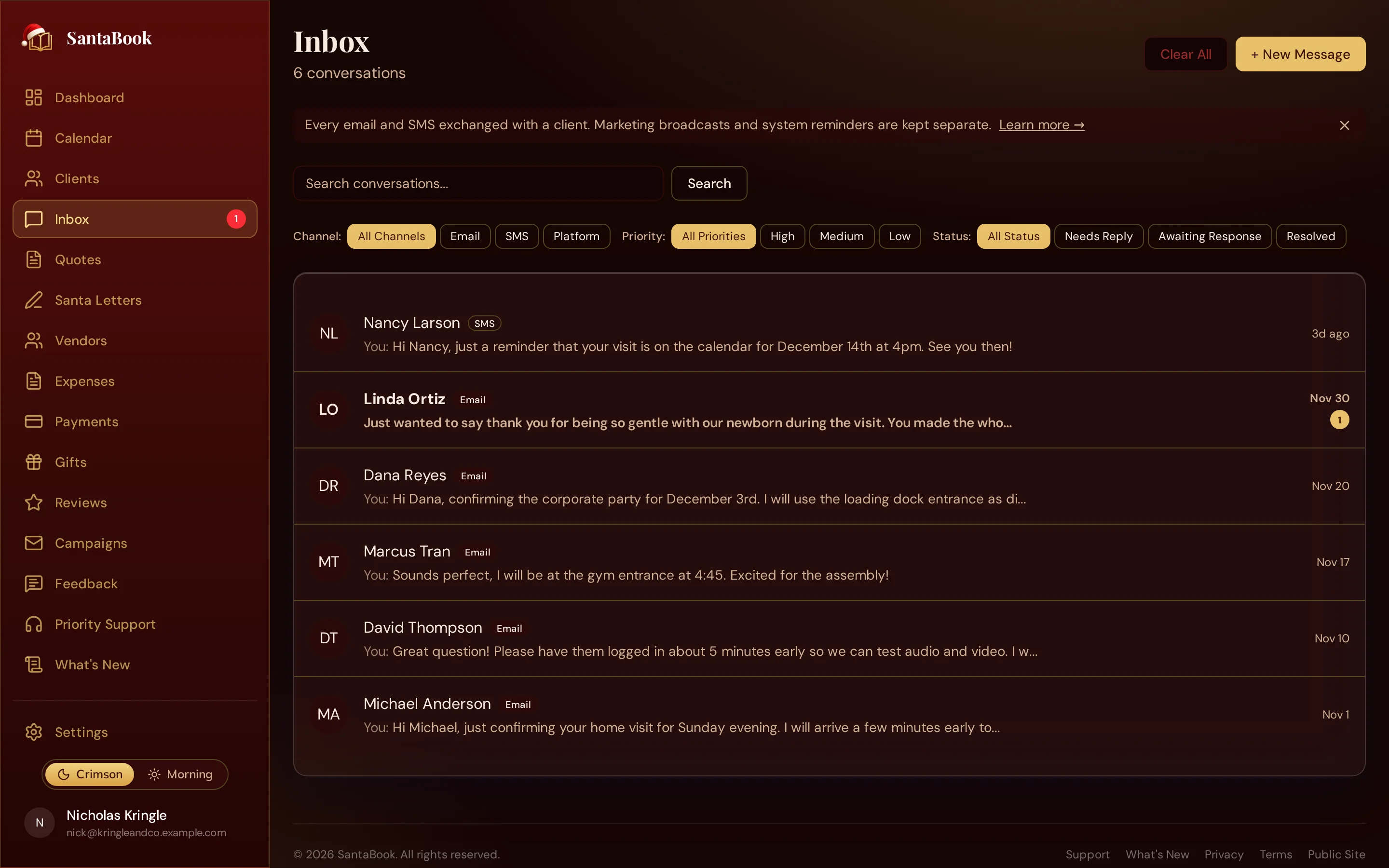 The SantaBook inbox, showing client message threads with email and text conversations in one place