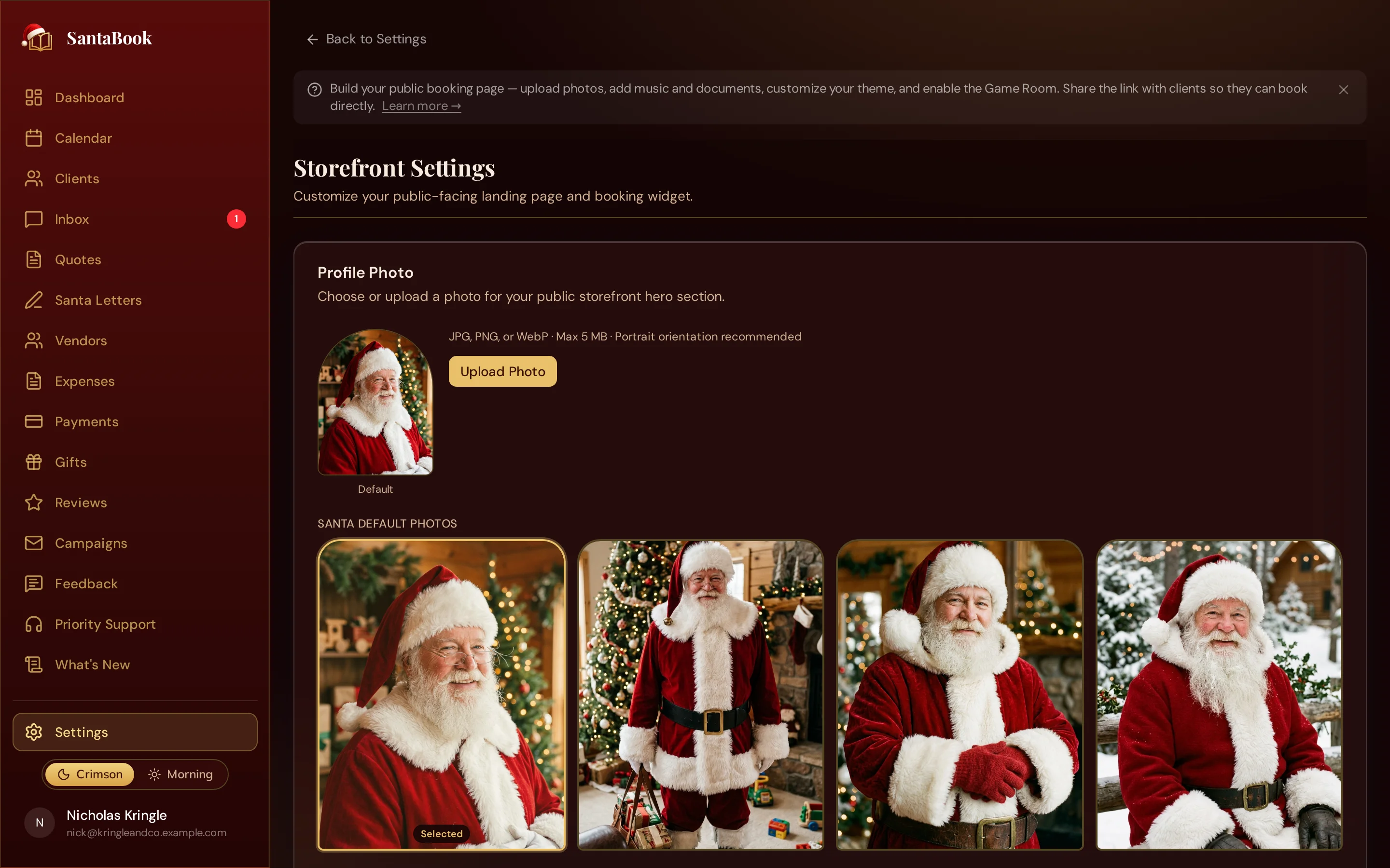 The SantaBook booking page settings, showing the photos, rates, and availability a Santa publishes for families to book from