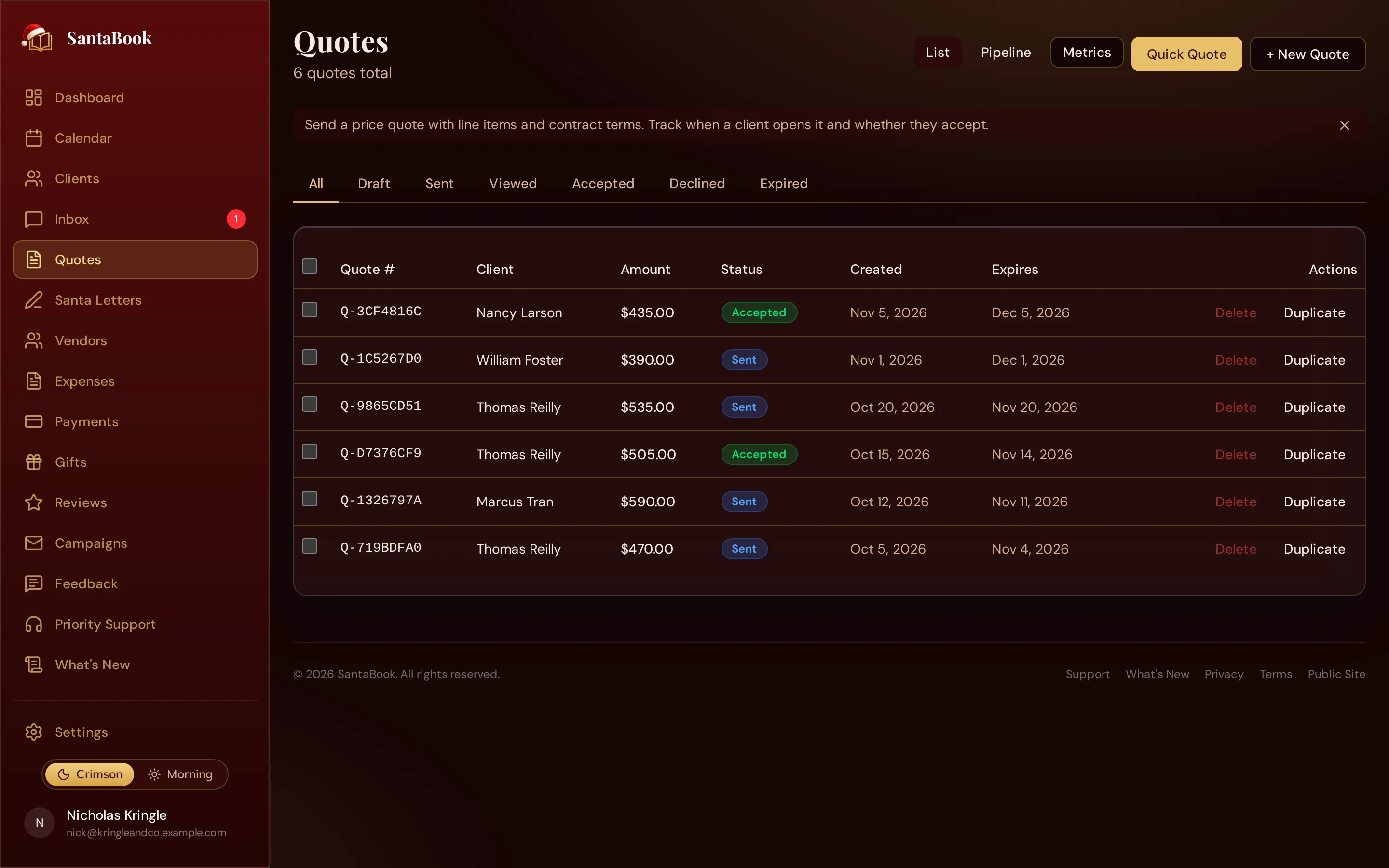 The SantaBook quotes list, showing quote numbers, client names, amounts, and whether each one is draft, sent, viewed, or accepted